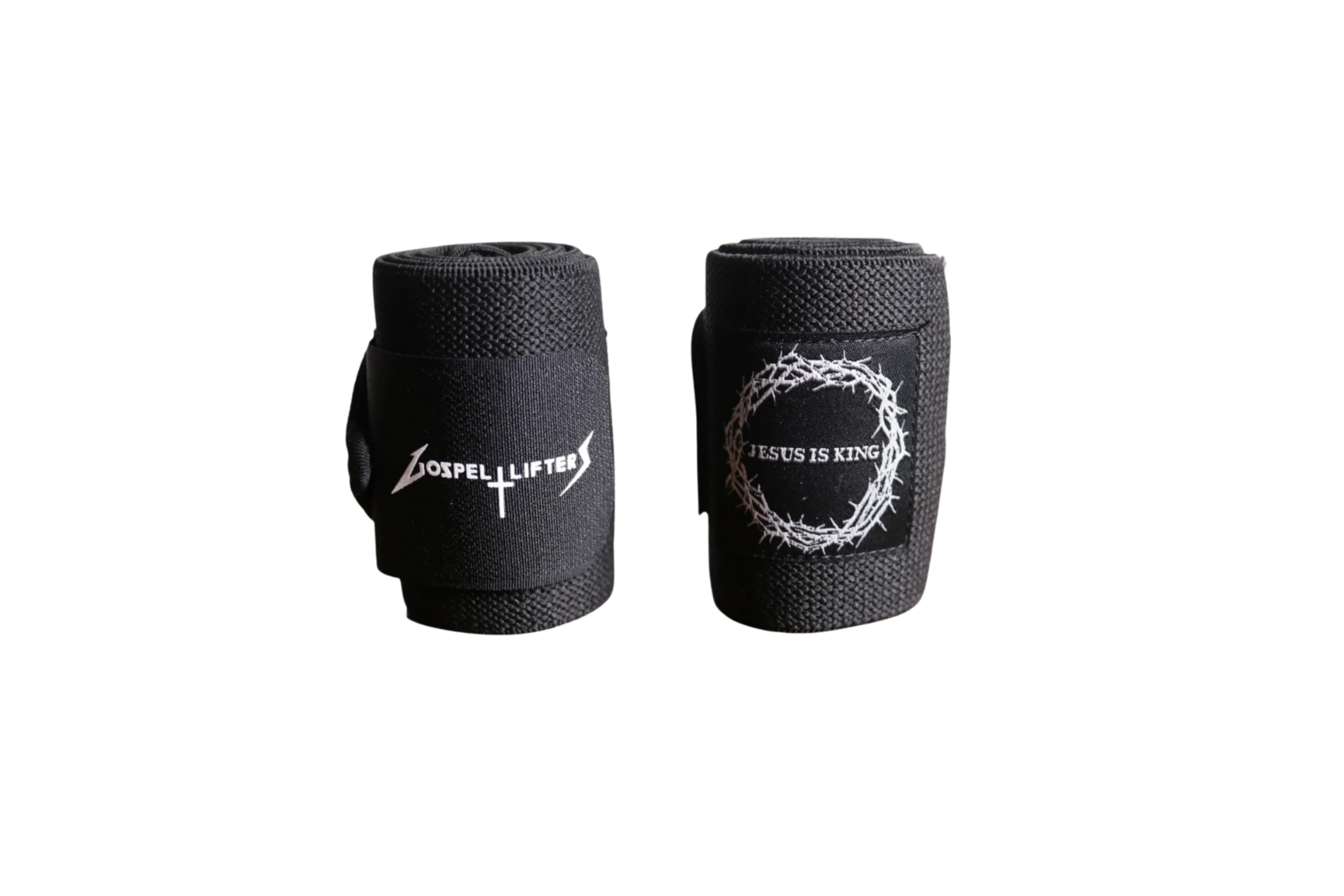 Two black wrist wraps on a white background, one featuring the white text 'Gospel Lifts' with a cross symbol, and the other featuring a white barbed wire circle logo with the text 'Jesus Is King'.