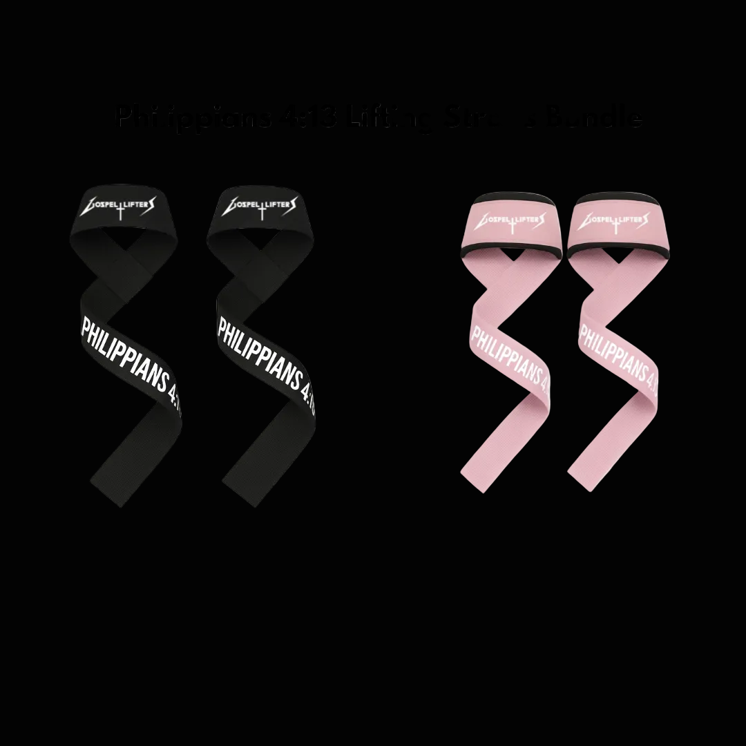 Two sets of lifting straps, one black and one pink, with 'Philippians 4:13' text on a white background.