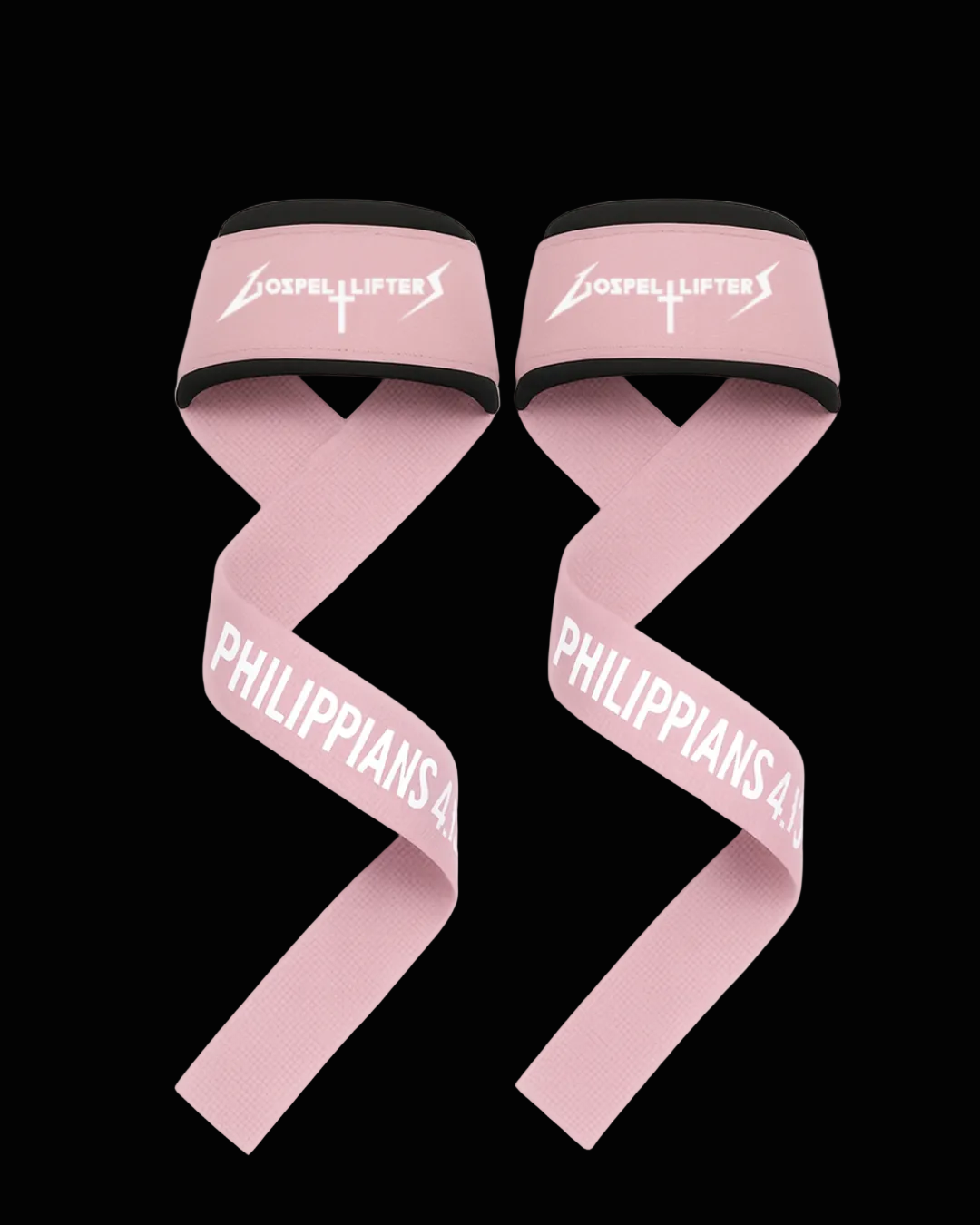 Pink wrist wraps with 'Gospel Lifter' and 'Philippians 4:13' text on a white background