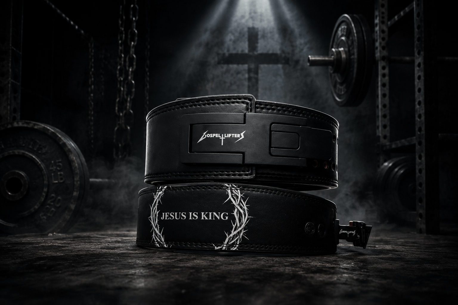 Two black weightlifting belts stacked on a dark gym floor, with one belt featuring the Metallica logo and the other featuring the text 'JESUS IS KING' with a crown of thorns graphic. Barbell weights and a cross are visible in the moody gym background.